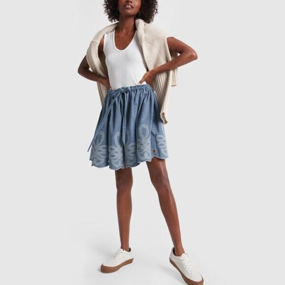 Free People INNIKA CHOO Mini Scalloped Railroad Stripe Blue Denim Skirt Size M 2 - Picture 2 of 11